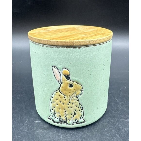 In Homestylez Ceramic Green Speckled Bunny Rabbit Canister Jar 4” Farmhouse - Picture 1 of 10